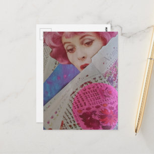 Retro schöne rosa Haar Dame Mixed Media Collage Postkarte