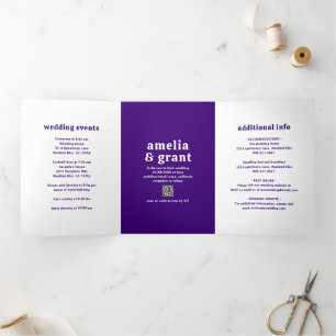 Retro-Schrift lila QR-Code-Foto Moderne Hochzeit Dreifach Gefaltete Einladung