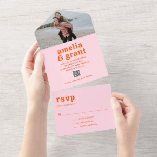 Retro Schriftart Orange und Pink QR Code Foto Hoch All In One Einladung
