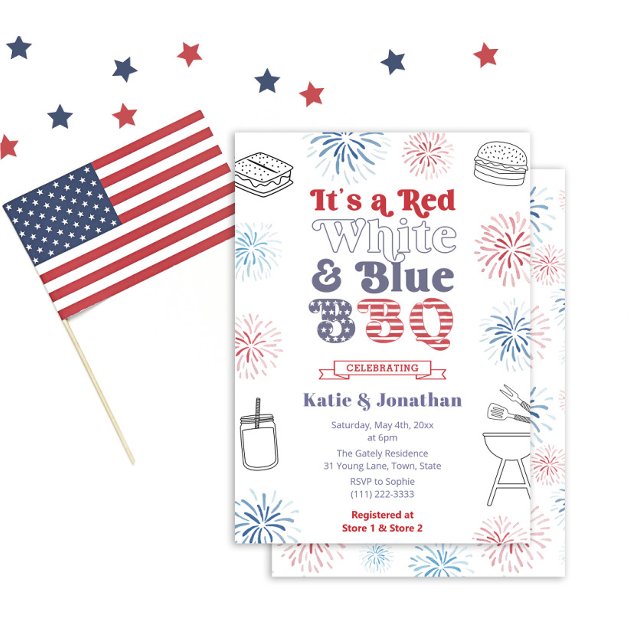 Retro Schriftart Rot Weiß und Blau GRILLEN Paare D Einladung (Trendy retro typography Red White And Blue BBQ couples shower or engagement party invitation)