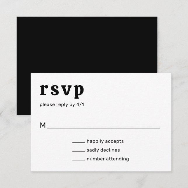 Retro Schriftart Schwarz und Weiß Moderne Hochzeit RSVP Karte (Vorne/Hinten)