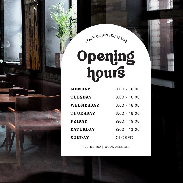 Retro Schriftart Trendy Arch Business Name Öffnung Fensteraufkleber (Trendy business opening hours window cling sign featuring retro fonts and arch background)
