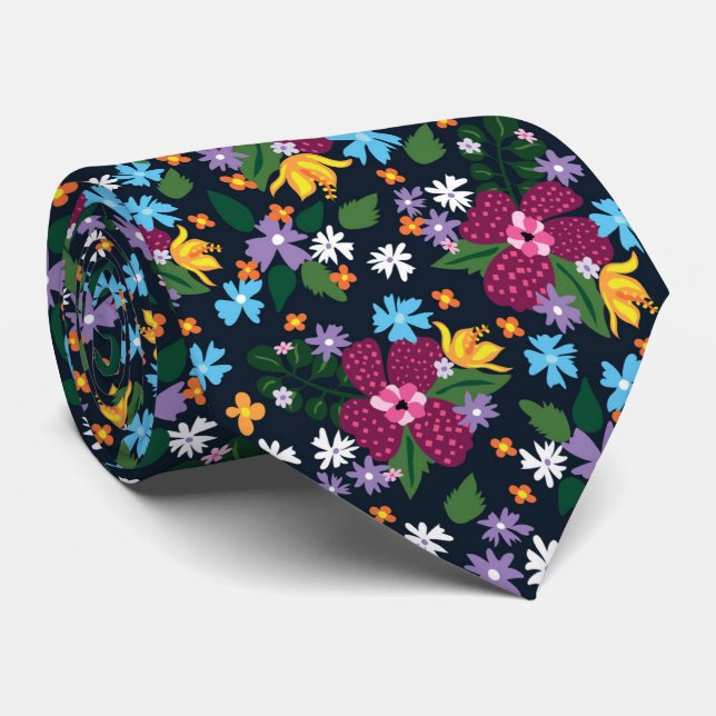 Retro Schwarz Farbige Wasserfarbe Blumenmuster Krawatte (Gerollt)