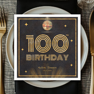 Retro Schwarz Gold Disco-Kugel-Party 100. Geburtst Serviette