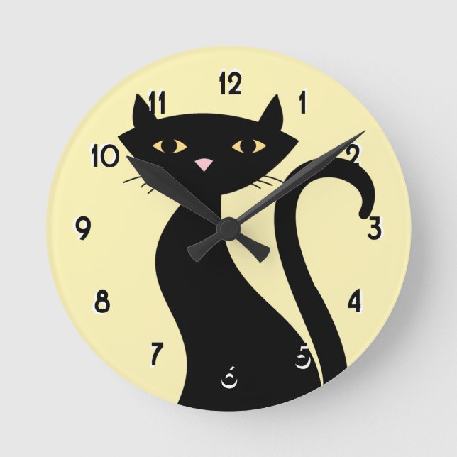 Retro Schwarz Katzengelb Runde Wanduhr (Vorderseite)