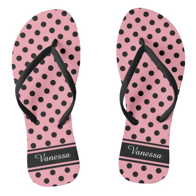 Retro Schwarz Punkte Monogramm Flip Flops (Fußbett)