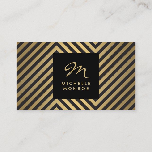 Retro Schwarz und Gold Muster Glamour Monogramm Visitenkarte (Vorderseite)