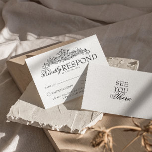 Retro Schwarz-Weiß Botanical Old Money Hochzeit RSVP Karte