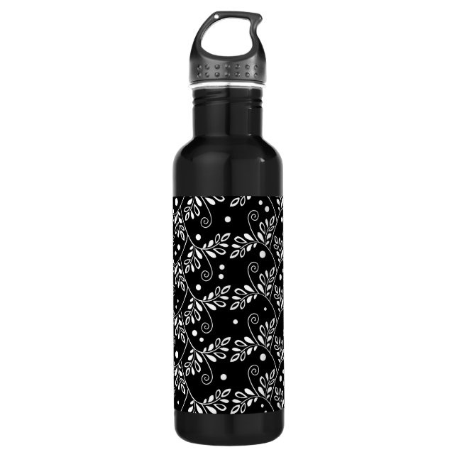 Retro Schwarz-weiß floral Edelstahlflasche (Vorderseite)