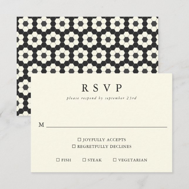 Retro Schwarz-weiß Geometric Tile Elegante Hochzei RSVP Karte (Vorne/Hinten)