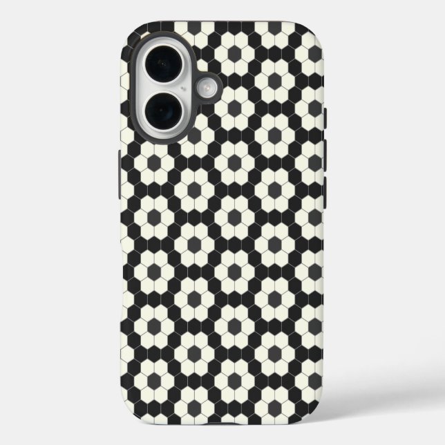 Retro Schwarz-Weiß-Geometrische Hexagon-Tile iPhone 16 Hülle (Rückseite)