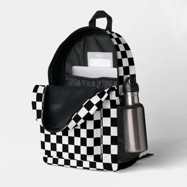 Retro Schwarz-Weiß-Klassisches Prüfmuster Bedruckter Rucksack (Rückseitige Ecke links (Offen) )