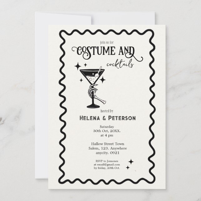 Retro Schwarz/Weiß Kostüme und Cocktails Party Einladung (Vorderseite)
