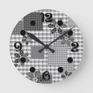 Retro Schwarz-Weiß-Patchwork-Landhaus-Stil Muster Runde Wanduhr