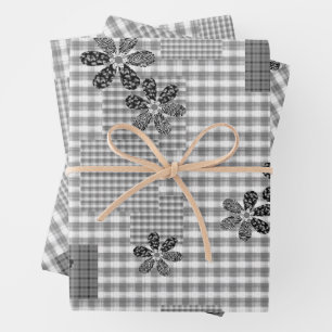 Retro Schwarz-Weiß-Patchwork-Rustikal-Muster Geschenkpapier Set