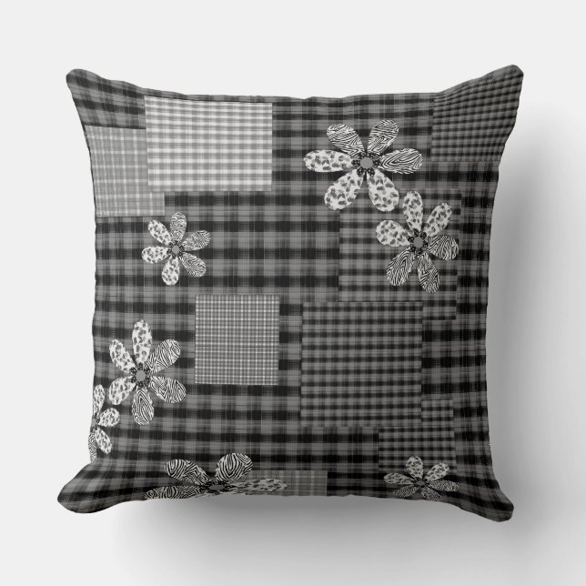 Retro Schwarz-Weiß-Patchwork-Rustikal-Muster Kissen (Vorderseite)