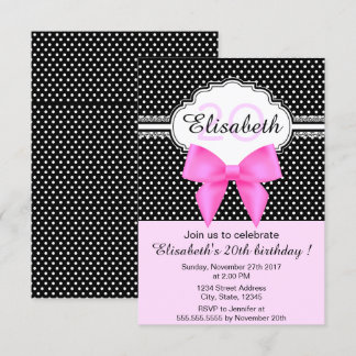 Retro Schwarz-weiß Polka dots rosa mädchenhaften G Einladung