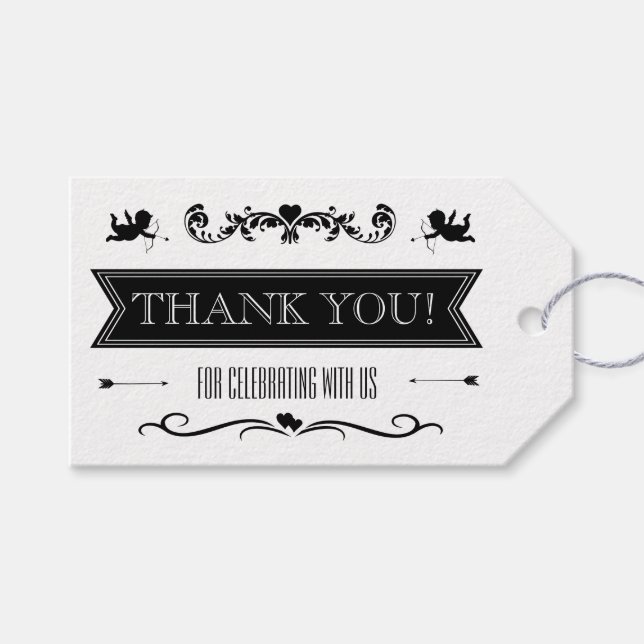 Retro-Schwarz-Weiß-Typografie-Hochzeit Geschenkanhänger (Vorderseite (Horizontal))