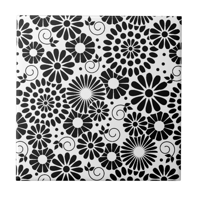 Retro-Schwarz-weiße Blume Fliese (Vorderseite)