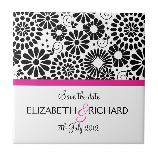 Retro Schwarz-weiße Blume "Save the Date"-Tile Fliese (Vorderseite)