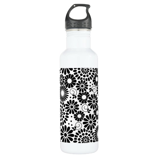 Retro Schwarz-weiße Blume Trinkflasche (Vorderseite)