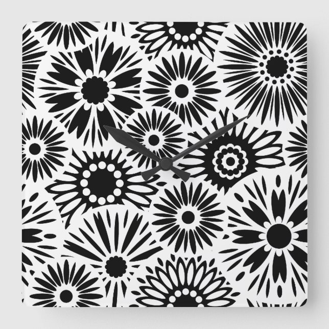 Retro-Schwarz-weiße Blume Wall Clock Quadratische Wanduhr (Vorderseite)