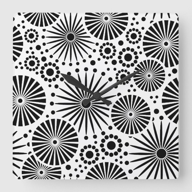 Retro-Schwarz-weiße Blume Wall Clock Quadratische Wanduhr (Vorderseite)