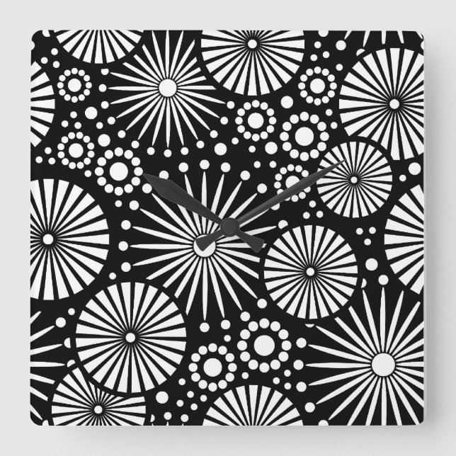 Retro-Schwarz-weiße Blume Wall Clock Quadratische Wanduhr (Vorderseite)