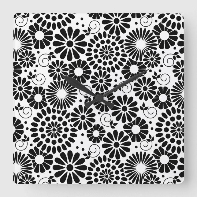 Retro-Schwarz-weiße Blume Wall Clock Quadratische Wanduhr (Vorderseite)