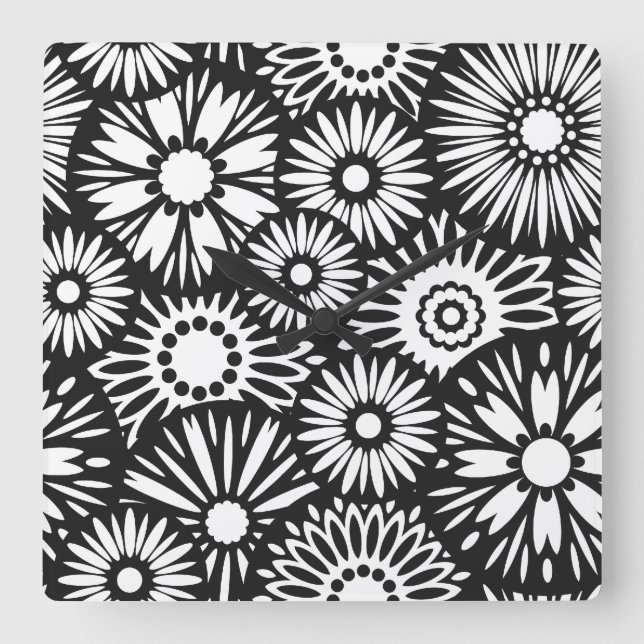 Retro-Schwarz-weiße Blume Wall Clock Quadratische Wanduhr (Vorderseite)