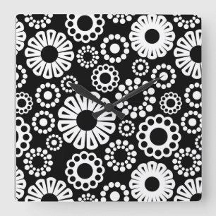 Retro-Schwarz-weiße Blume Wall Clock Quadratische Wanduhr