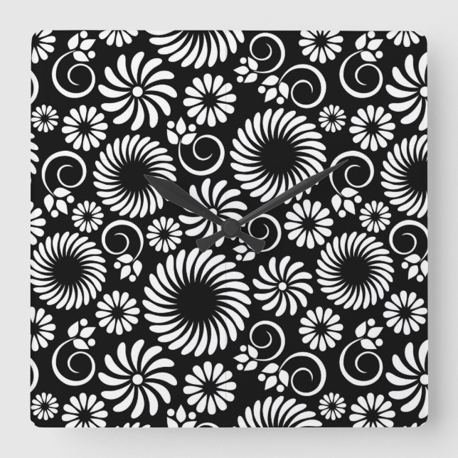 Retro-Schwarz-weiße Blume Wall Clock Quadratische Wanduhr (Vorderseite)