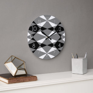Retro Schwarz-weiße Dreieck Quadrate Mosaikmuster Große Wanduhr