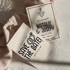 Retro Schwarz-weiße Hand gezeichnet Quirky Einziga Save The Date