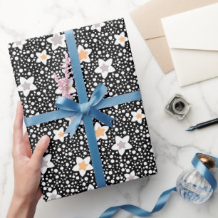 Retro schwarz-weiße Polka Punkte mit Sternen Geschenkpapier