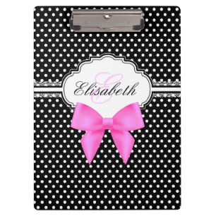 Retro schwarz-weiße Polka-Punkte rosa Schleife Mon Klemmbrett