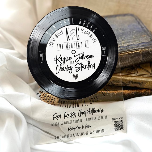 Retro Schwarz-weiße Vinyl Record Music Arch Weddin Acryleinladungen (Unique retro black and white vinyl record monogram music theme arch acrylic wedding invitation QR)