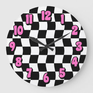 Retro-Schwarz-weißes Wavy-Checkerboard-Muster Große Wanduhr