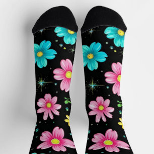 Retro Schwarze farbige Blume Muster Geburtstagstei Socken