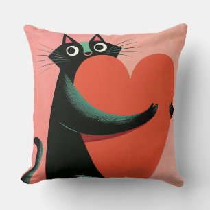 Retro-Schwarze-Katze-Herz-Pastellrosa-Dekor Kissen