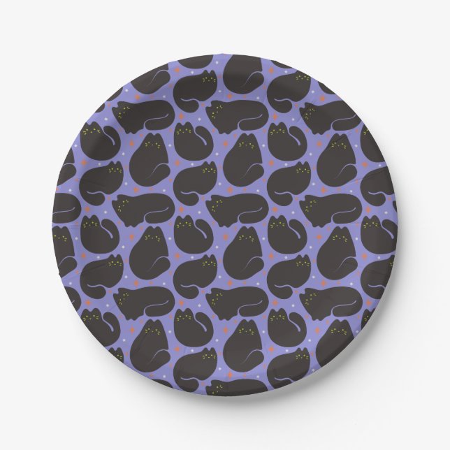 Retro-Schwarze Katze in Lila Pappteller (Vorderseite)