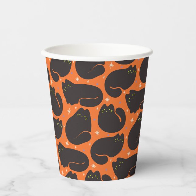 Retro-Schwarze Katze in Orange Pappbecher (Vorderseite)