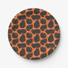 Retro schwarze Katze in Orange Pappteller