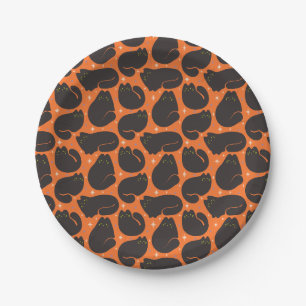 Retro schwarze Katze in Orange Pappteller