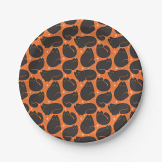 Retro schwarze Katze in Orange Pappteller