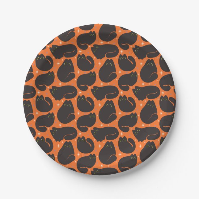 Retro schwarze Katze in Orange Pappteller (Vorderseite)