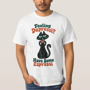 Retro schwarze Katze Kaffee-Wortspiel in Türkis un T-Shirt