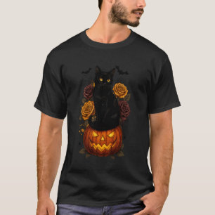 Retro schwarze Katze Kürbis Blumen Halloween Gruse T-Shirt