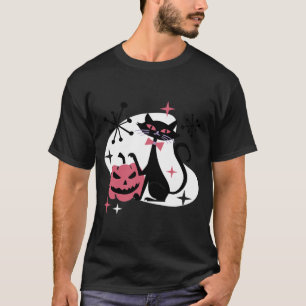 Retro-Schwarze-Katze-Kürbis-Halloween im Stil der T-Shirt