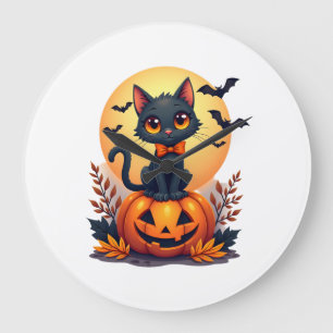 Retro-Schwarze-Katze-Kürbis-Halloween-Kostüm Herbs Große Wanduhr